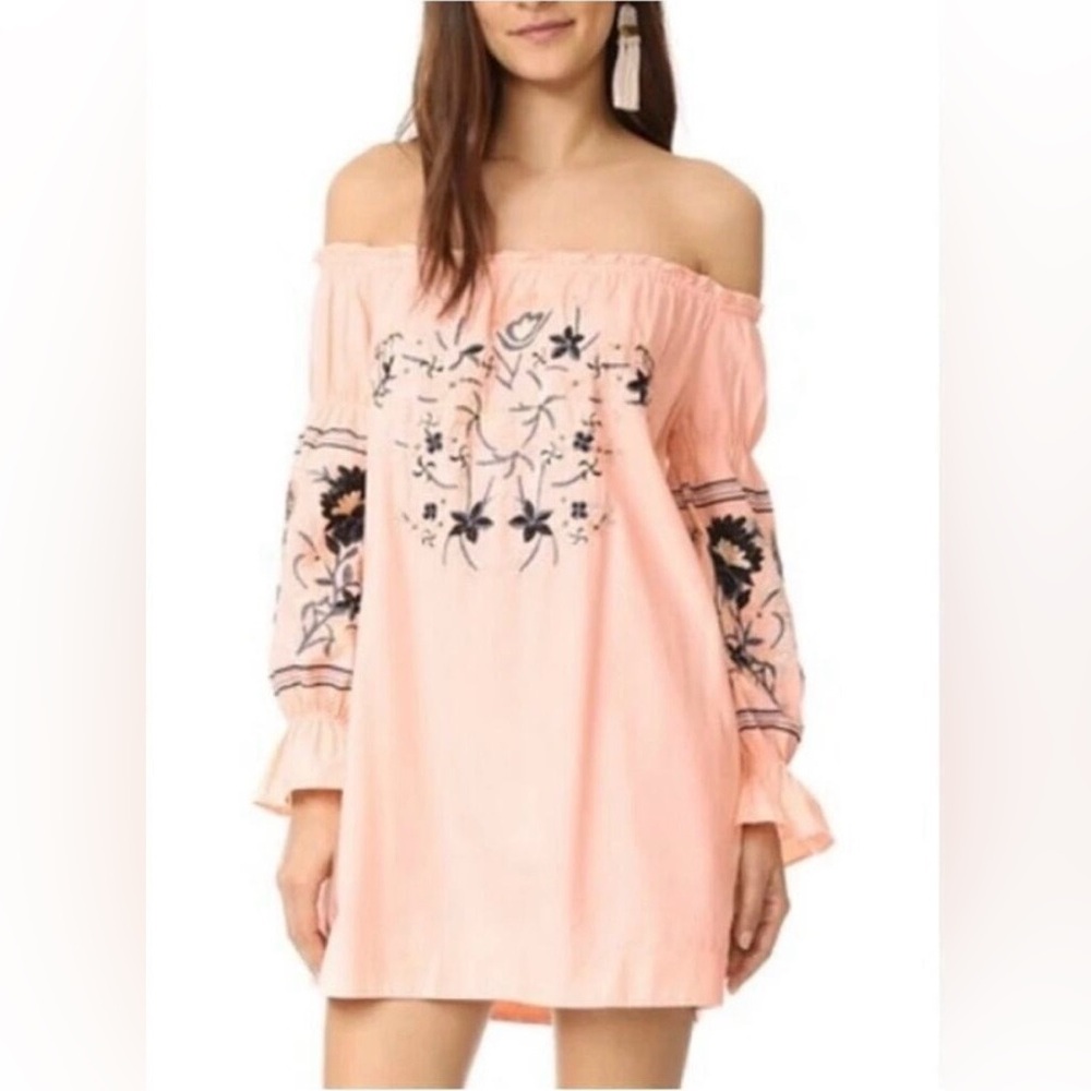 Free People Boho Fleur Du Jour Embroidered Dress Blush Pink Off Shoulder Size L